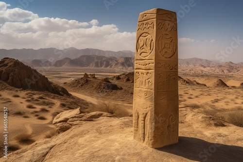 Stone pillar middle eastern in desert. Ancient archeology building column in sand mountains. Generate ai