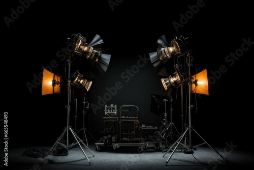 Studio lighting room isolated on black. Concert spot glowing film stage. Generate Ai