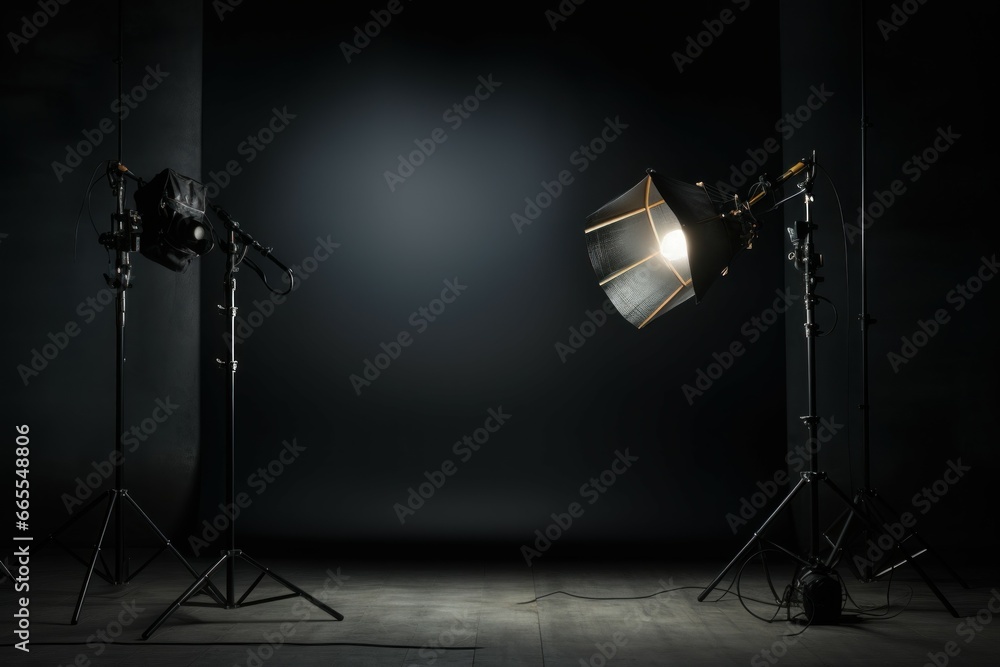 Studio lighting room isolated on black background. Photo film sport ready stage. Generate Ai
