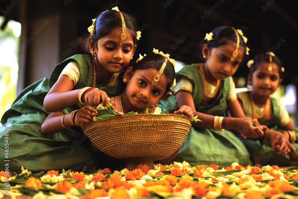 Onam festival. Culture and traditions of India. Lammas. Little Indian girls at Onam festival. - obrazy, fototapety, plakaty 
