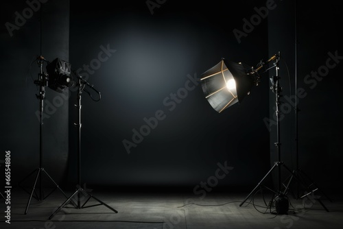 Studio lighting room isolated on black background. Photo film sport ready stage. Generate Ai photo