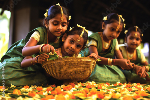 Onam festival. Culture and traditions of India. Lammas. Little Indian girls at Onam festival.