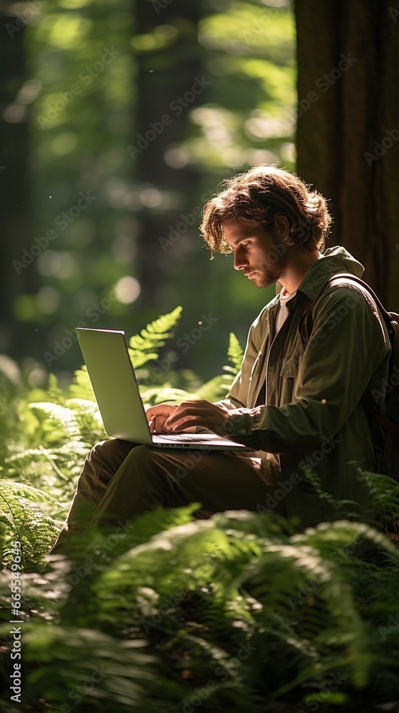 A person surrounded by lush greenery, using a laptop in a vibrant forest A person surrounded by lush greenery, using a laptop in a vibrant forest