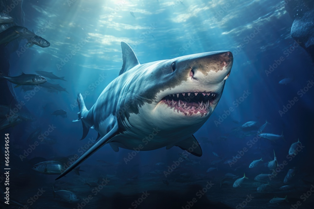 Fototapeta premium A shark with its mouth open swimming in the ocean. This image can be used to depict the power and danger of marine life.