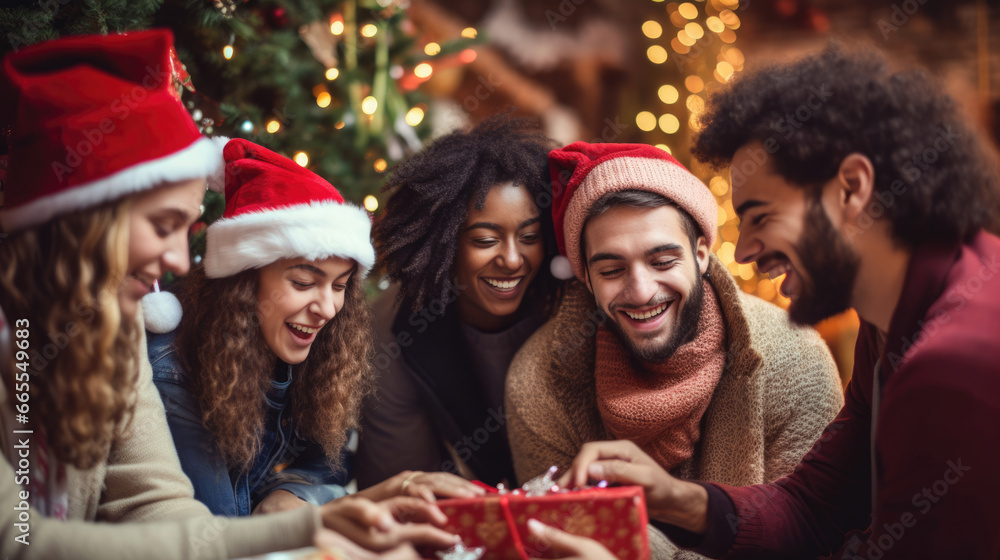 Millennials from various cultures creating a festive holiday-themed scavenger hunt for friends and family