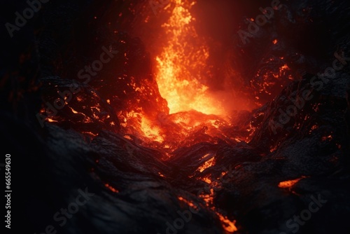 A captivating image of a lava cave filled with flowing lava and flames. 
