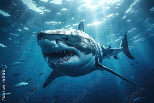 A powerful and majestic great white shark swimming in its natural habitat. Perfect for educational materials or documentaries about marine life.