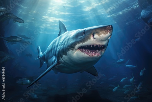 A shark with its mouth open swimming in the ocean. This image can be used to depict the power and danger of marine life.