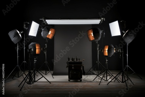 Studio lighting room isolated on black photo stand. Illuminated lamp spotlight movie object. Generate Ai photo