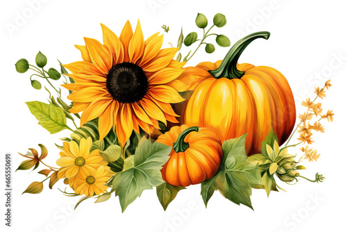 Pumpkin and Sunflower Watercolor Clip Art Illustrations  Isolated on White or Transparent Background  PNG