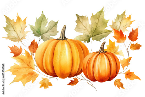 Watercolor Pumpkin and Autumn Leaf Composition Clip Art Illustration, White or Transparent Background for Halloween and Thanksgiving. PNG