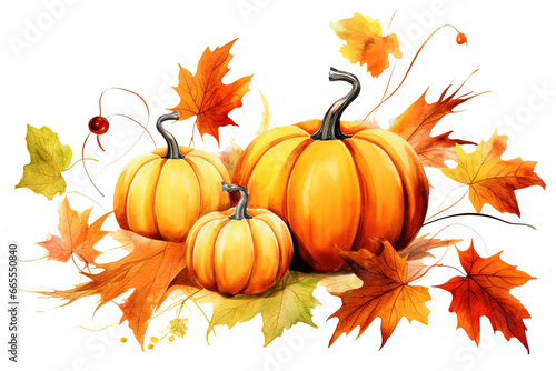 Watercolor Pumpkin and Autumn Leaf Composition Clip Art Illustration, White or Transparent Background for Halloween and Thanksgiving. PNG