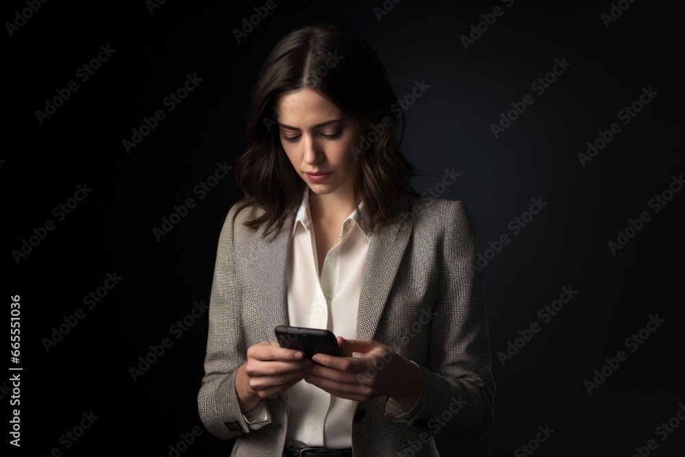 A professional woman in a business suit looking at her cell phone. This image can be used to depict modern communication, technology, or business-related concepts.