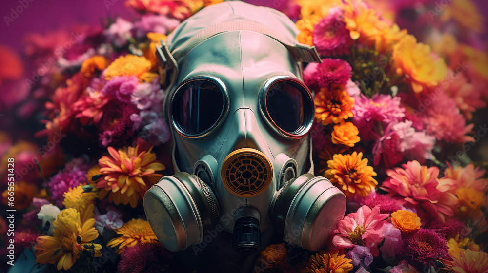 Gas mask before fresh, vibrant flowers