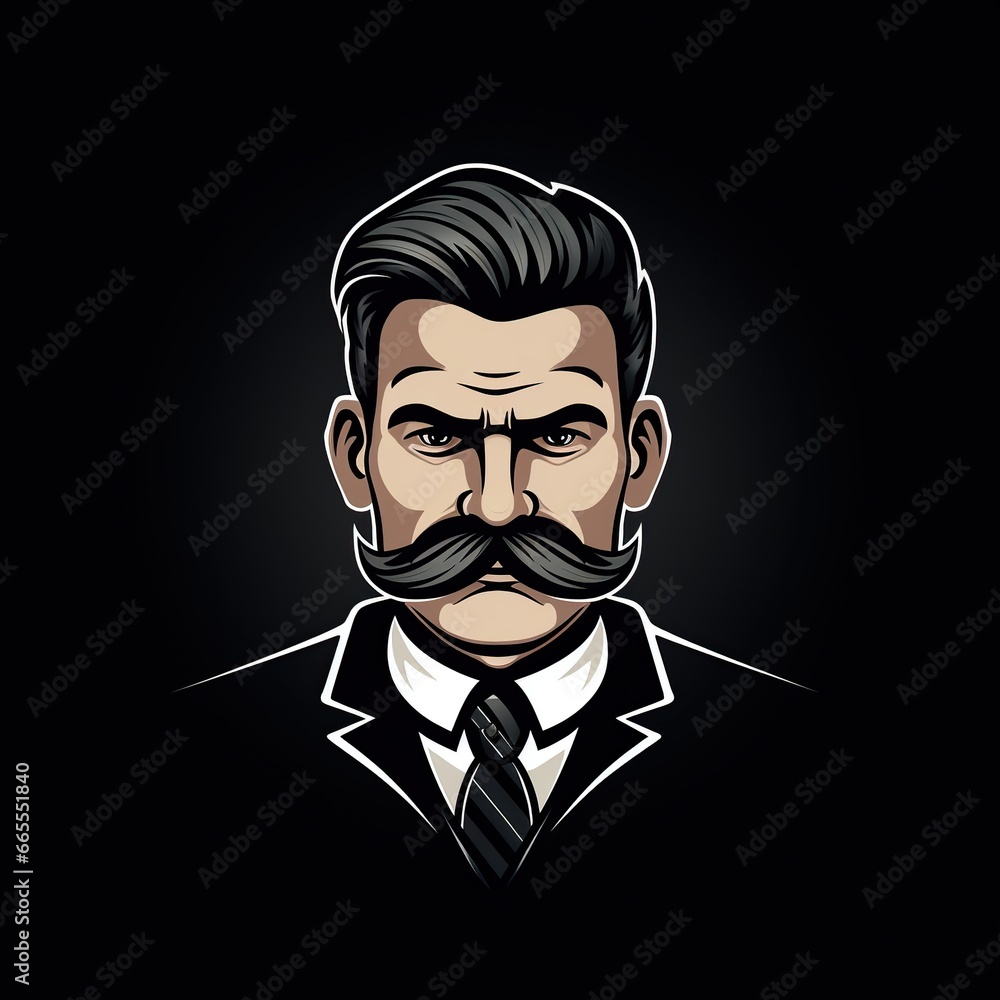 logo with the face of a man with a mustache in a suit with a tie on a black background is an emblem for stylish fashionable men's store or clothing brand logo with the face of a man with a mustache in a suit with a tie on a black background is an emblem for stylish fashionable men's store or clothing brand