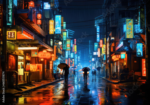 Neon Nocturne: A Japanese Night Streets Art Poster, Capturing the Luminous Veins of Urban Twilight Veiled in Neon Mystique, Crafted by Generative AI © BigMindOutfit