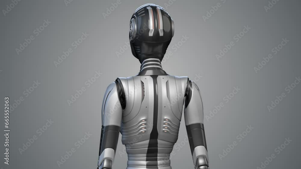 Turntable 360 degree animation of futuristic robot woman or humanoid cyborg lady. 3d rendering of the upper body isolated on grey background with alpha Turntable 360 degree animation of futuristic robot woman or humanoid cyborg lady. 3d rendering of the upper body isolated on grey background with alpha