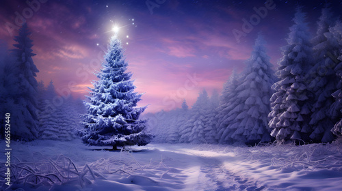 Winter snowy illustrated landscape with a big Christmas tree. New Year's night. Festive atmosphere on the mountain. 