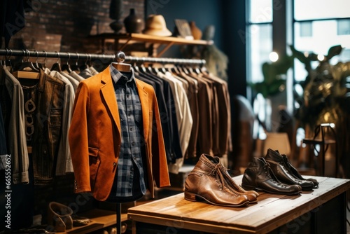 Stylish clothes at menswear store with shoes on wooden table. Party fashion new wear. Generate Ai