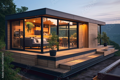 A photograph of Timber frame modular house with flat roof, panoramic windows and double doors, Interior Design Background.