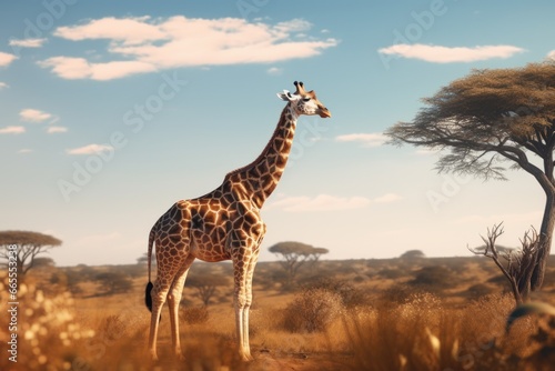 A giraffe standing in the middle of a field. This image can be used to depict wildlife  nature  or African landscapes
