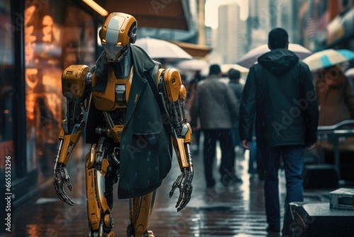 A robot is seen walking down a city street in the rain. This image can be used to depict futuristic technology or the integration of robots in urban environments