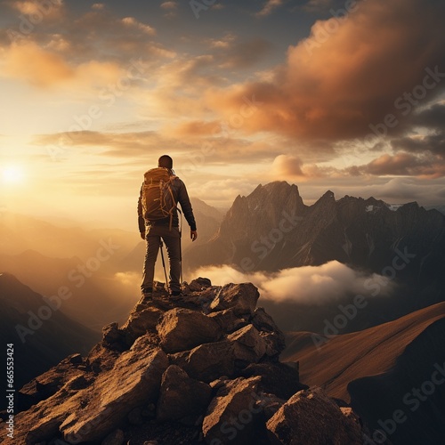 solo Hiker on Mountain Peak at Sunrise © cristian
