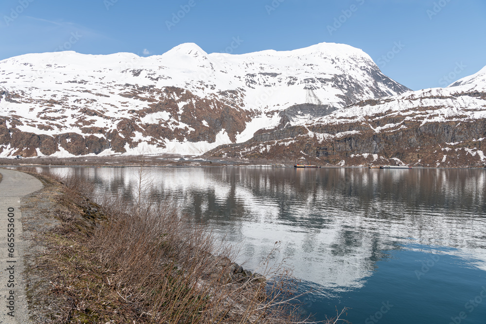 The end of the Passage Canal inlet with mountains behind at Whittier, Alaska, USA