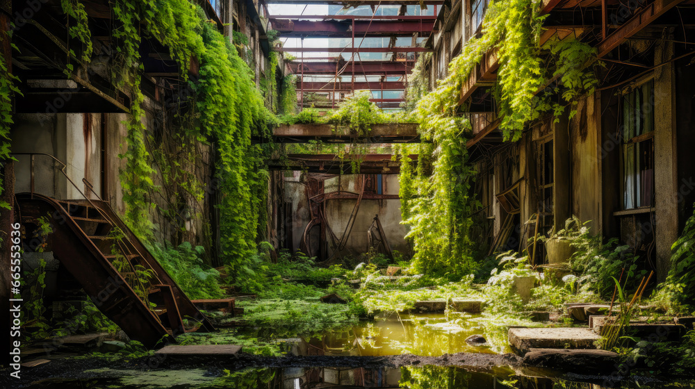 Vines and flowers cascading down the rusty metal framework of an abandoned factory Vines and flowers cascading down the rusty metal framework of an abandoned factory
