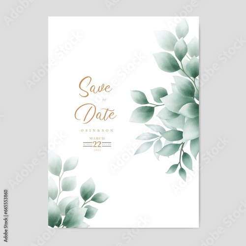 watercolor green leaves wedding card template 