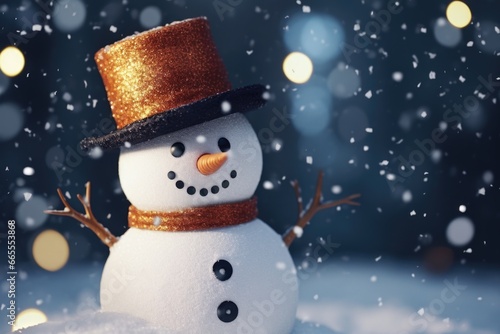 A snowman wearing a top hat and scarf. Perfect for winter-themed designs or holiday greetings