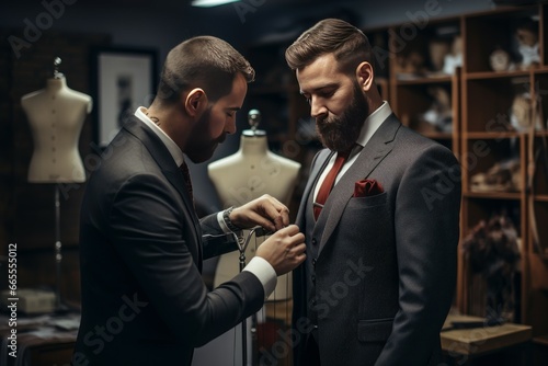 Tailor measuring mannequin for custom made suit businessman. Studio atelier person. Generate Ai