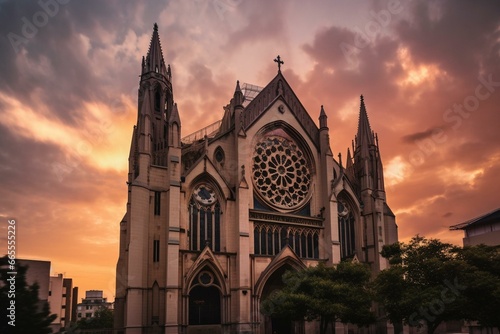 A breathtaking cathedral with elaborate stained glass windows, towering against a vibrant sunset. Generative AI