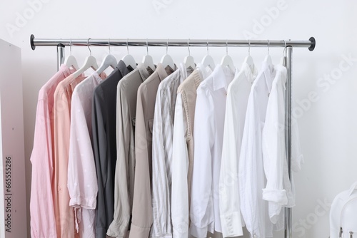 Rack with different stylish shirts near white wall. Organizing clothes © New Africa