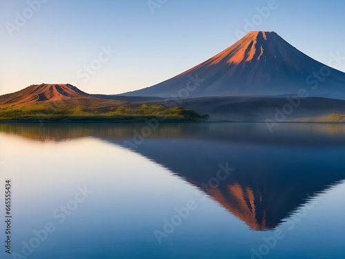 Blue lake with volcano mountain