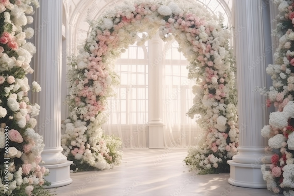 A wedding arch adorned with beautiful white and pink flowers. Perfect for adding a romantic touch to any wedding ceremony or outdoor event. - obrazy, fototapety, plakaty 