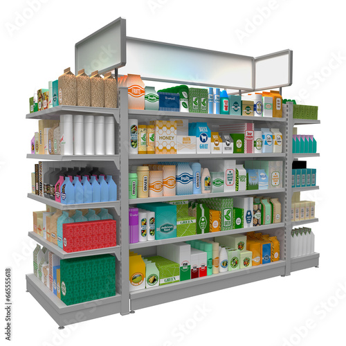 Shelf rack, display case in a supermarket with display of goods. 3d illustration