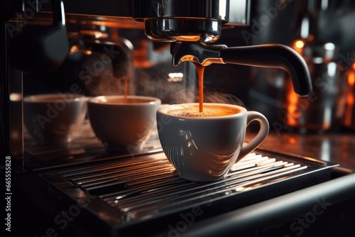 Two cups of coffee being poured into a coffee machine. This image can be used to illustrate the process of brewing coffee or to represent the start of a productive day.