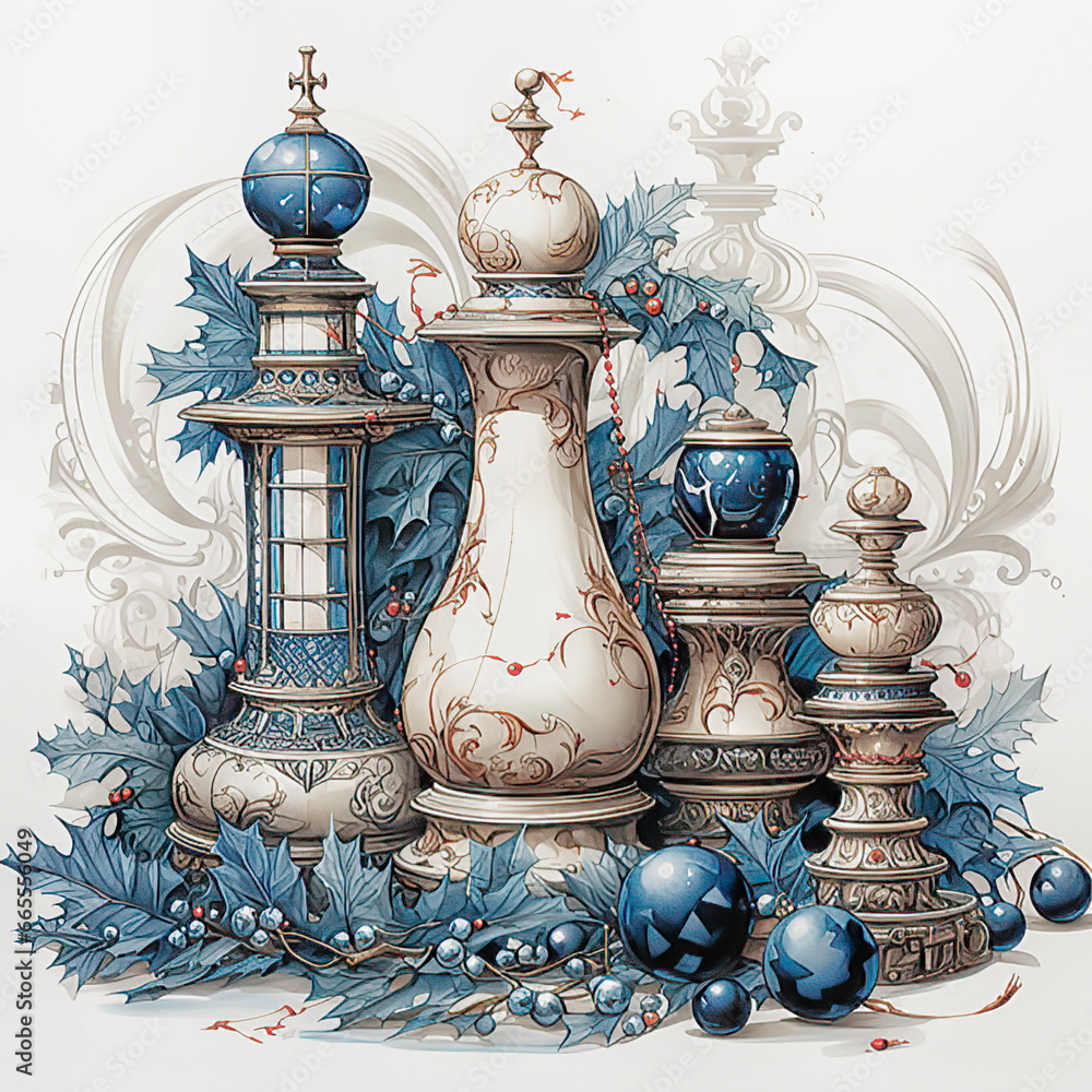 Illustration of chess with blue christmas decoration. Illustration of chess with blue christmas decoration.