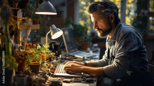 A man using a computer in his room