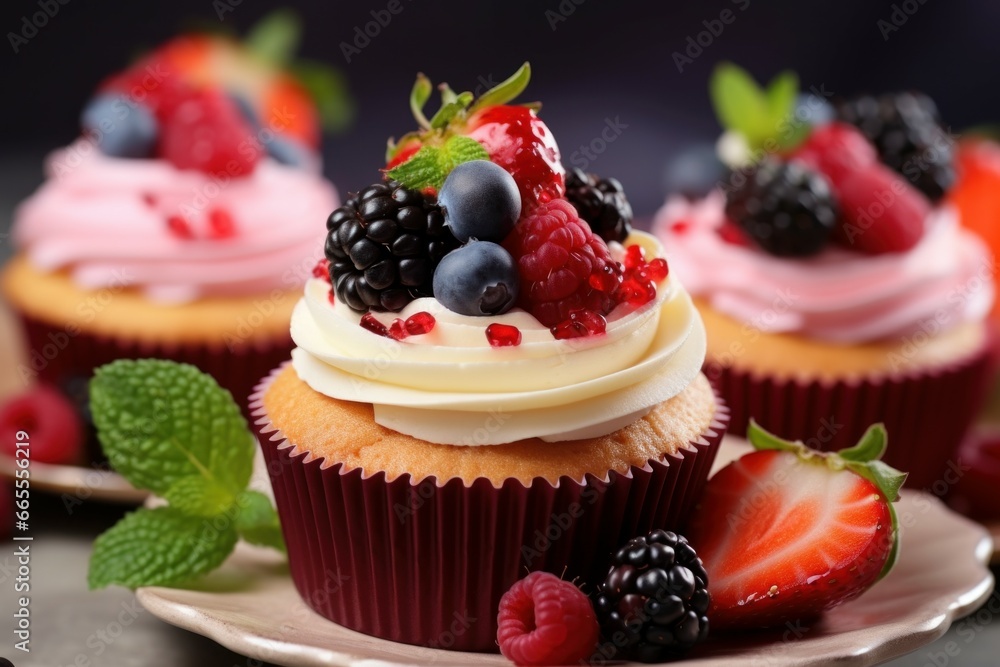 Tasty cupcakes with fruits on wooden table. Homemade food party spring cupcake. Generate Ai Tasty cupcakes with fruits on wooden table. Homemade food party spring cupcake. Generate Ai