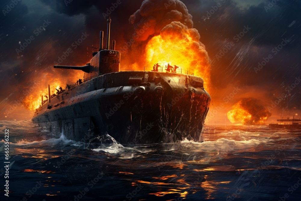 Underwater ship fire incident, nuclear military submarine ablaze. Generative AI