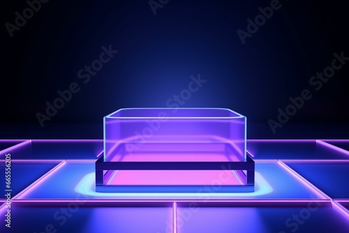 Abstract 3D background with cubic box and neon light. Glowing UV performance stage decoration. Generative AI