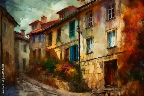 Impressionistic painting of a modern European street with beautiful old vintage houses. Ideal for wall art and touristic production. Generative AI © Una