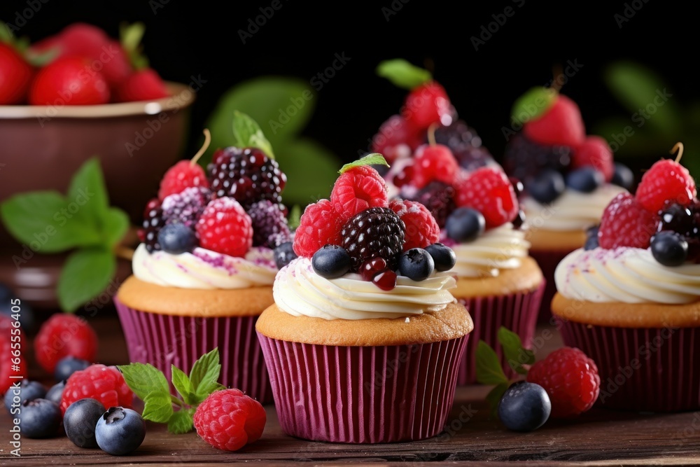 Tasty cupcakes with fruits dessert on wooden table. Berry muffin summer breakfast dessert. Generate Ai