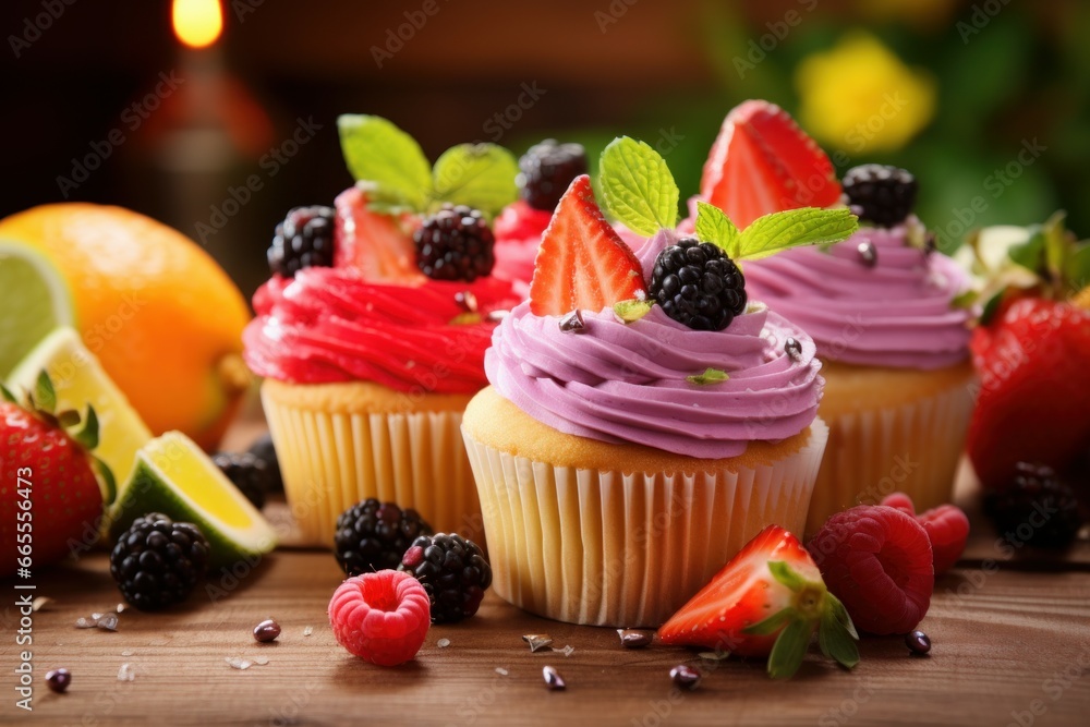 Tasty cupcakes with fruits on table on closeup. Pastry food snack fruit summer muffin. Generate Ai