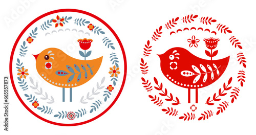 Nestling in patterned frame and a silhouette of a bird. Folk art. Emblem, logo, mascot, stamp.