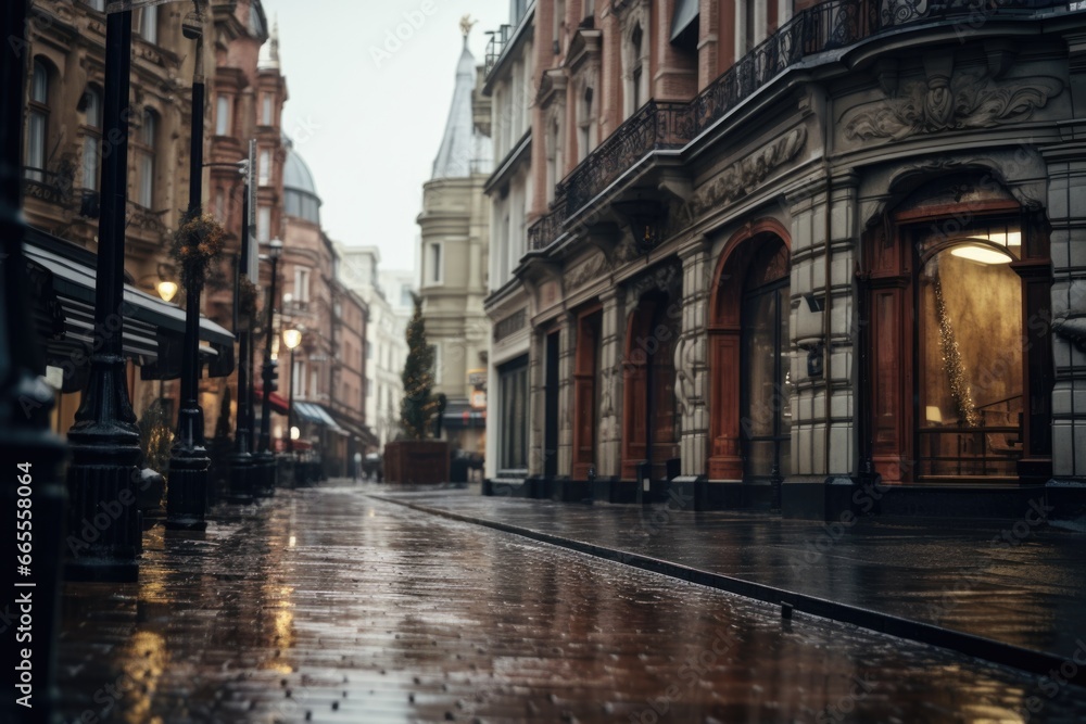 A picture of a wet city street with a clock tower in the background. This image can be used to depict a rainy urban setting.