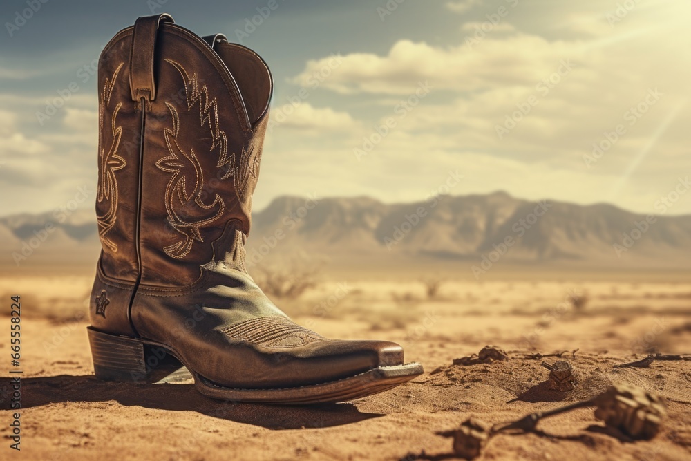 A pair of cowboy boots sitting on top of a dirt field. This image can be used to depict western or rural themes - obrazy, fototapety, plakaty 