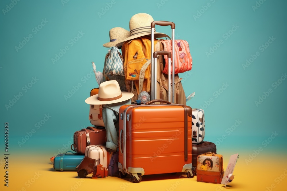 A pile of luggage sitting on top of a yellow floor. This image can be used to represent travel, vacation, moving, or storage. A pile of luggage sitting on top of a yellow floor. This image can be used to represent travel, vacation, moving, or storage.